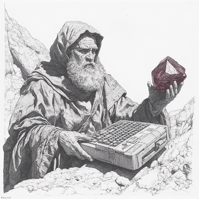 Midjourney etching of a robed explorer holding a keyboard and a giant ruby