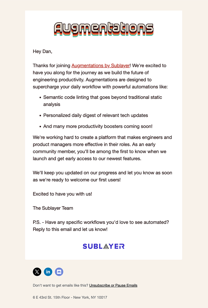 The Augmentations welcome email