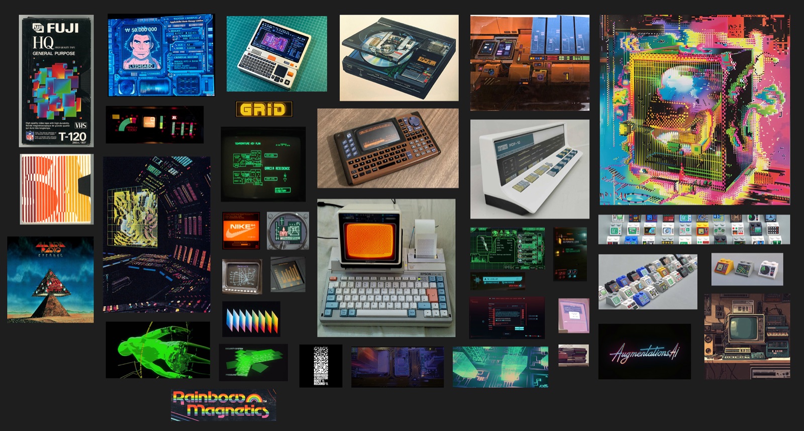 Inspiration board of VHS sleeves, vintage portable computers, CRTs, and neon grids