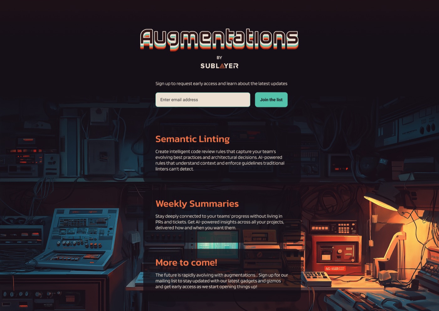 The interim Augmentations landing page, a dark workbench full of equipment