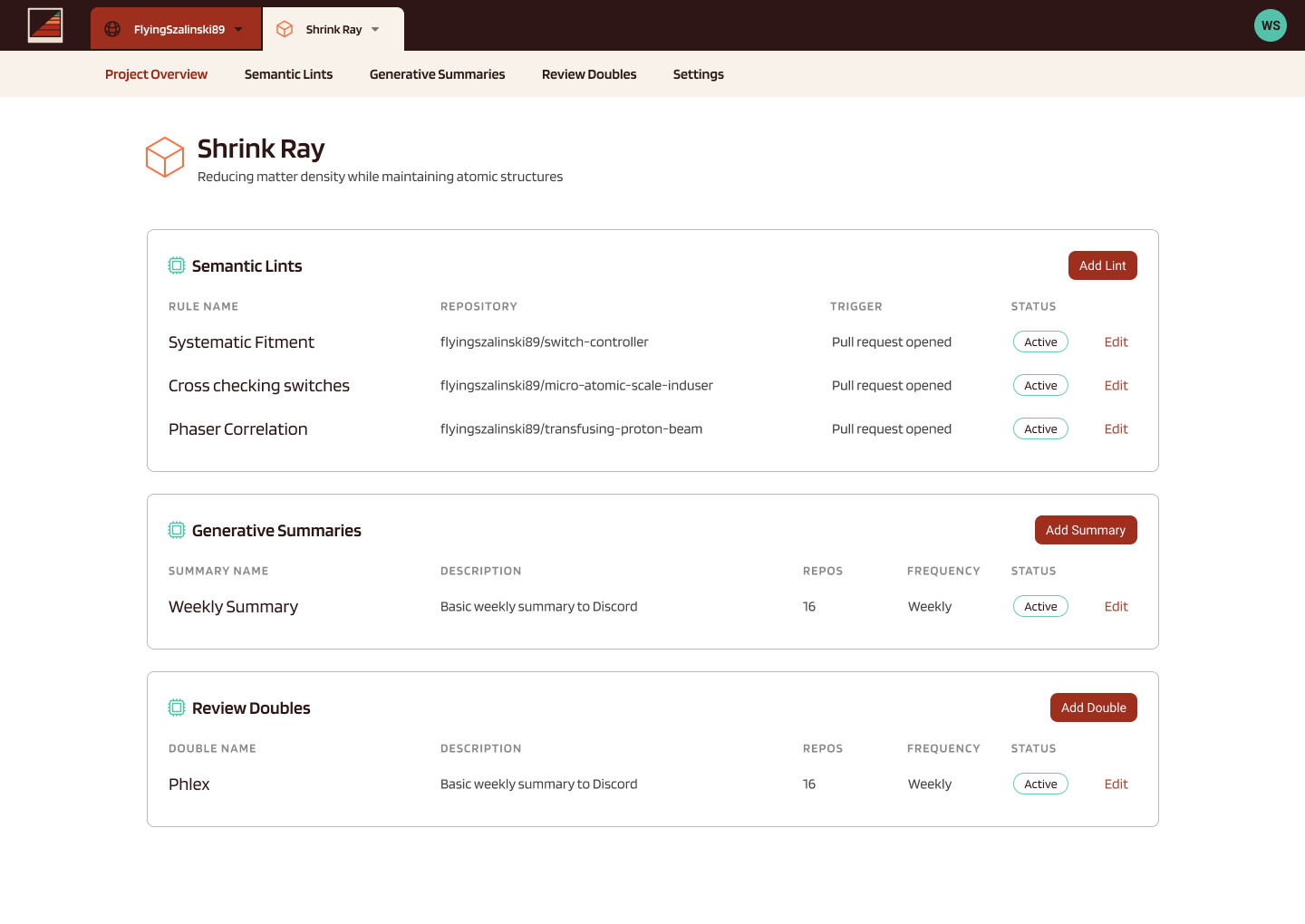 The Augmentations project overview, listing semantic lints, generative summaries, and review doubles