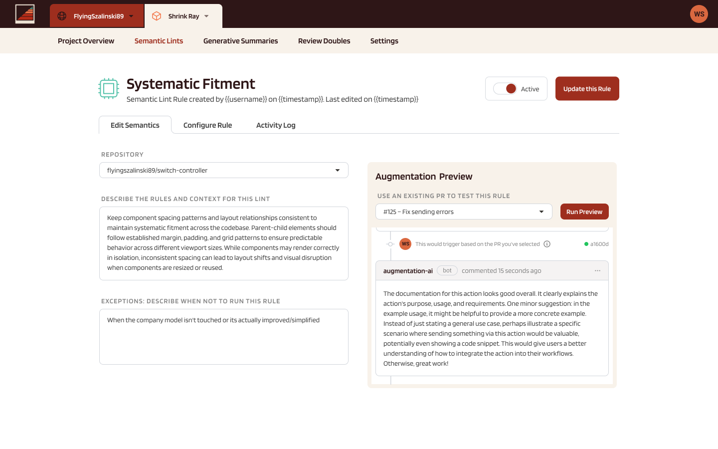 Editing a semantic lint rule with a live preview against a pull request