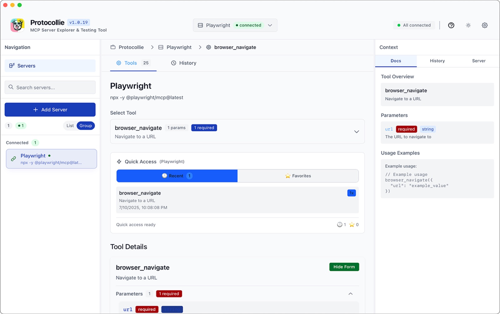 Protocollie showing a tool's docs and parameters