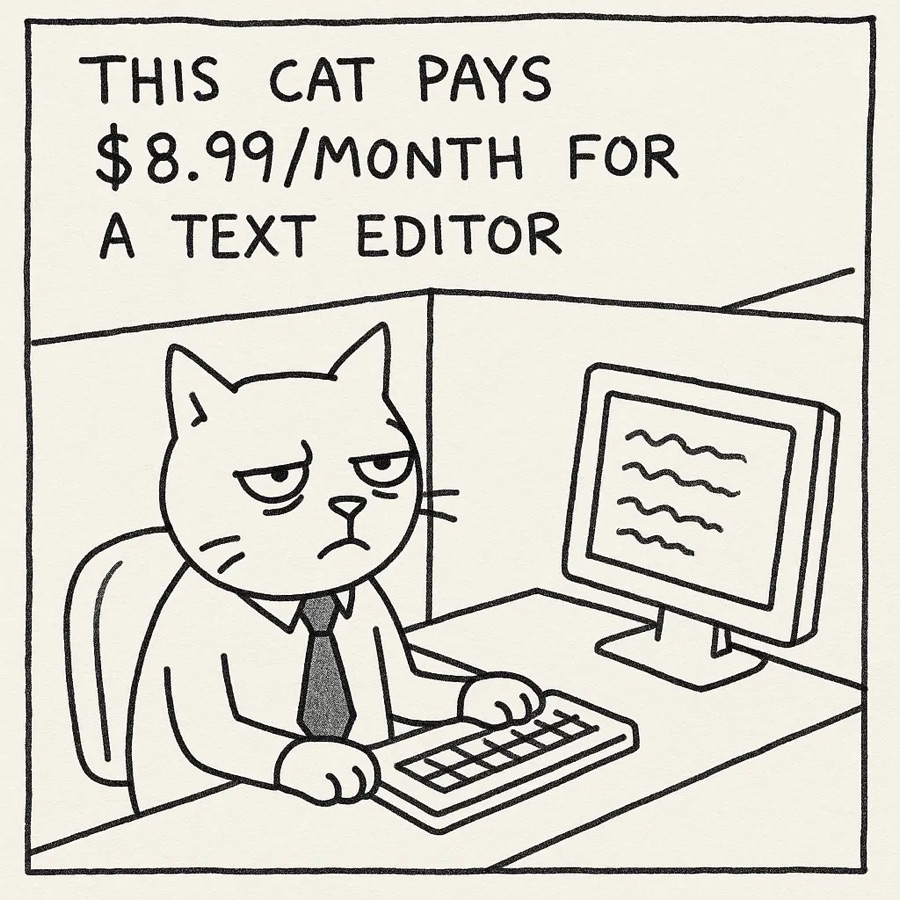Cartoon of a glum cat at a desk captioned "This cat pays $8.99/month for a text editor"