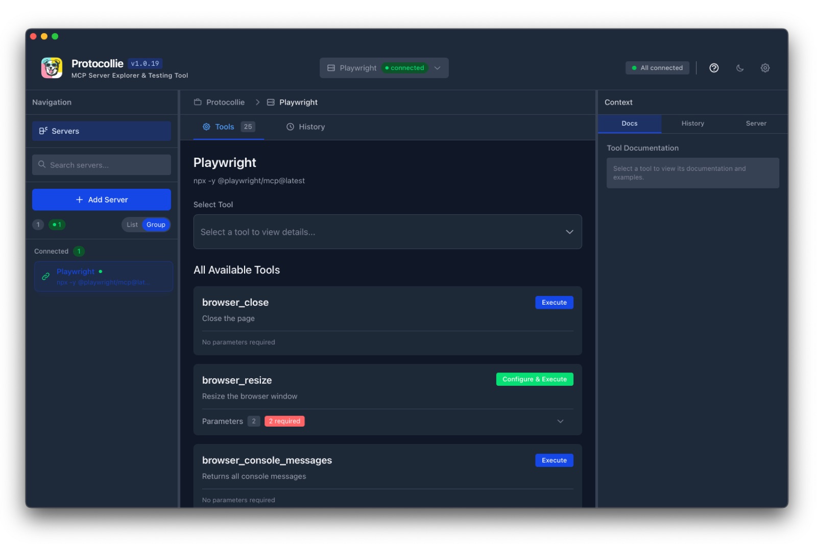 Protocollie tool list in dark mode