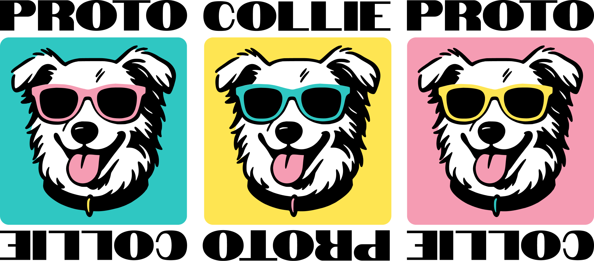 The Protocollie mascot in teal, yellow, and pink colorways